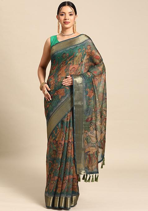 Turquoise Blue Kalamkari Print Cotton Blend Saree Set