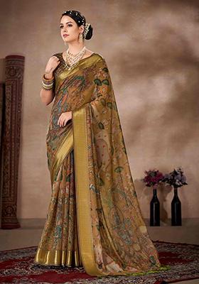 Mehendi Green Kalamkari Print Cotton Blend Saree Set