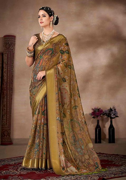 Mehendi Green Kalamkari Print Cotton Blend Saree Set