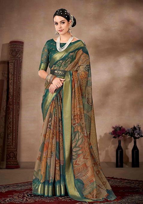 Turquoise Blue Digital Kalamkari Print Cotton Blend Saree Set