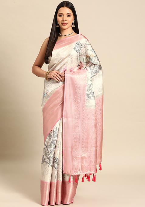 Multicolor Floral Print Kanchipuram Silk Saree Set