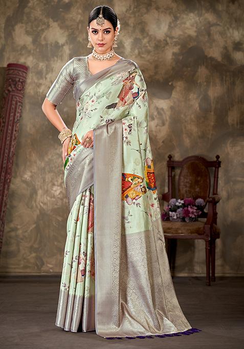 Sea Green Floral Print Kanchipuram Art Silk Saree Set