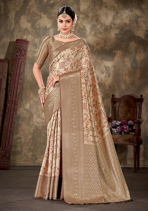 Beige Floral Print Kanchipuram Art Silk Saree Set