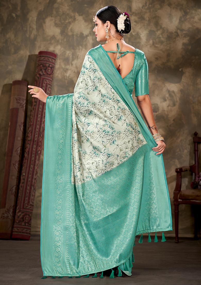 Turquoise Floral Print Kanchipuram Art Silk Saree Set