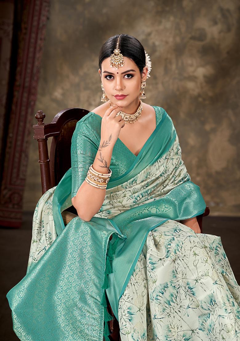 Turquoise Floral Print Kanchipuram Art Silk Saree Set