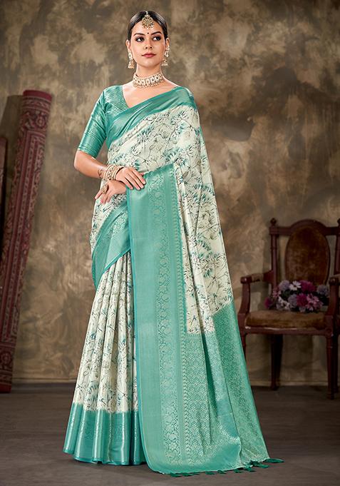 Turquoise Floral Print Kanchipuram Art Silk Saree Set