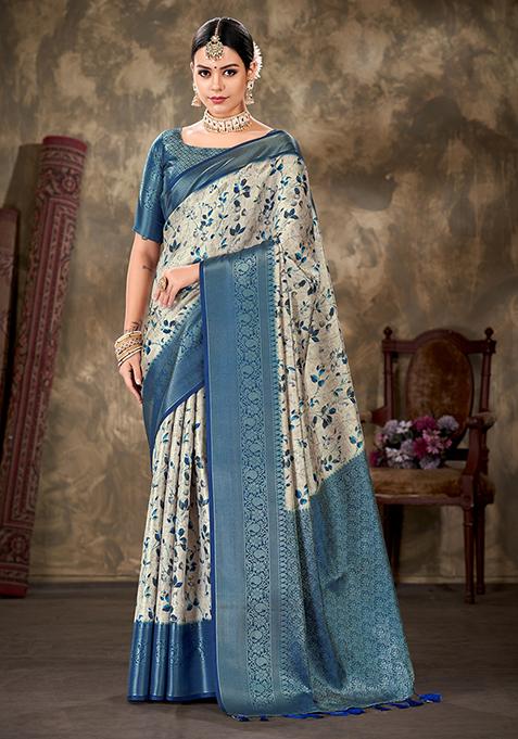 Blue Floral Print Kanchipuram Art Silk Saree Set