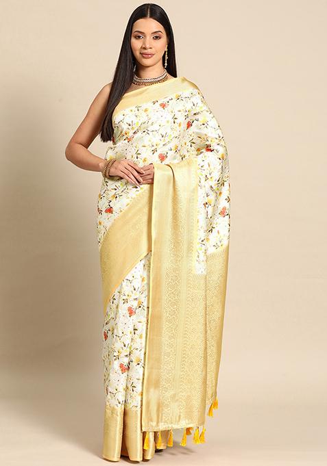 Multicolor Floral Print Art Silk Saree Set