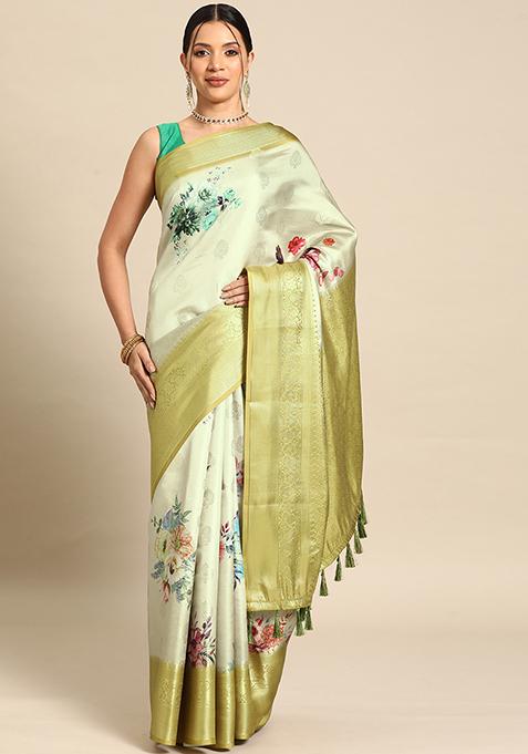 Multicolour Floral Print Art Silk Saree Set