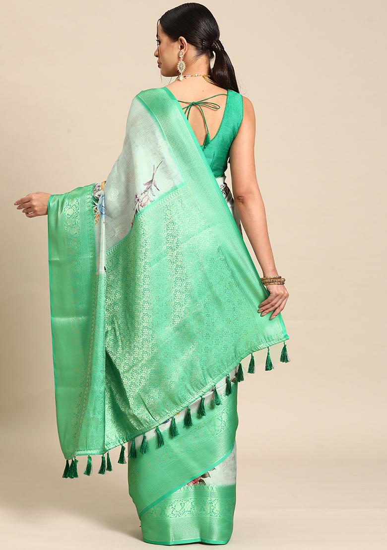 Multicolour Floral Print Kanchipuram Silk Saree Set