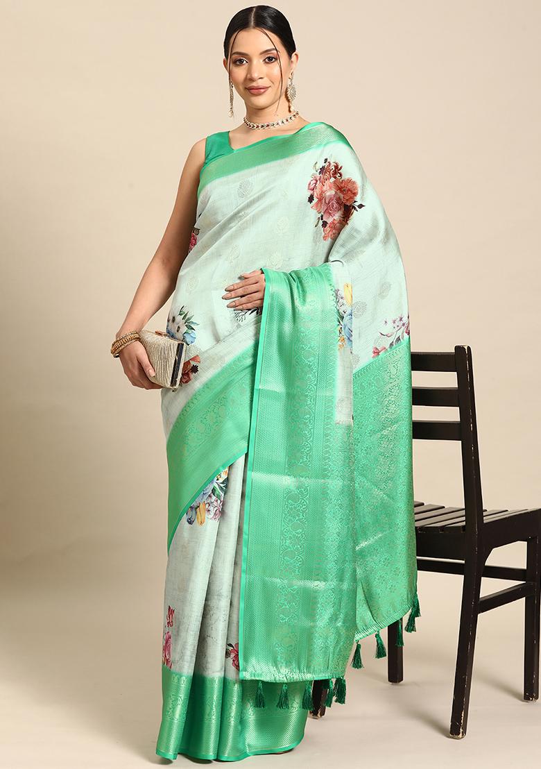 Multicolour Floral Print Kanchipuram Silk Saree Set