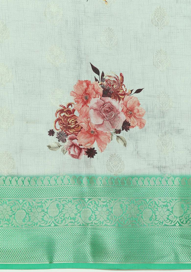 Multicolour Floral Print Kanchipuram Silk Saree Set - Indya