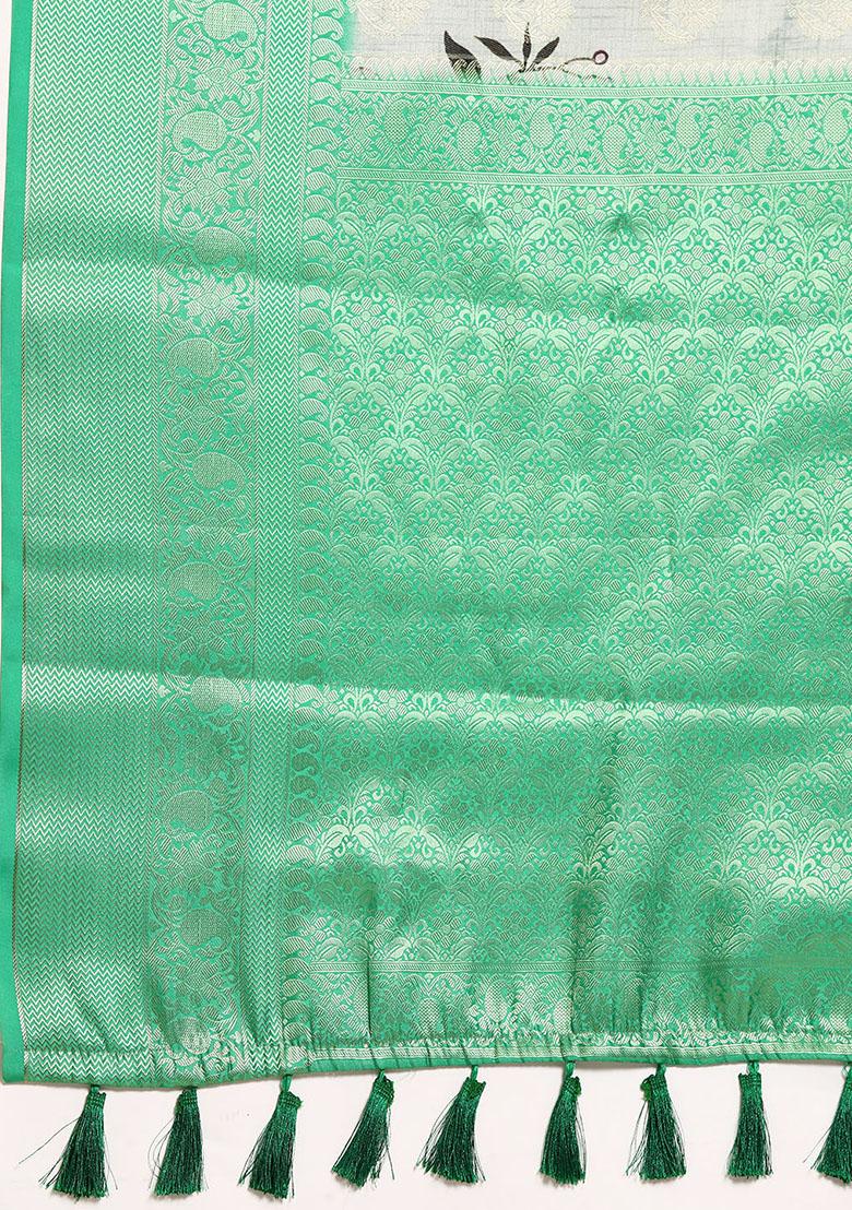 Multicolour Floral Print Kanchipuram Silk Saree Set