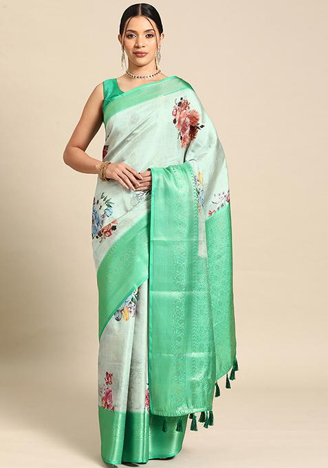 Multicolour Floral Print Kanchipuram Silk Saree Set