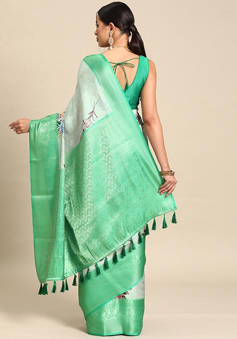 Multicolour Floral Print Kanchipuram Silk Saree Set