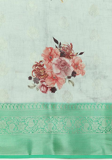 Multicolour Floral Print Kanchipuram Silk Saree Set