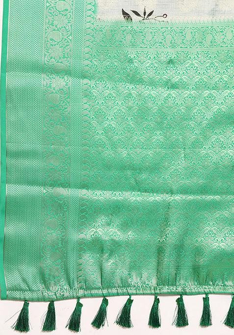 Multicolour Floral Print Kanchipuram Silk Saree Set