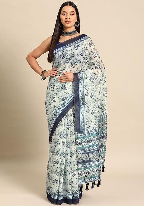 Off White Organic Dye Cotton Blend Saree Set