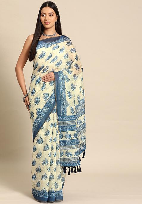 Dark Blue Organic Dye Cotton Blend Saree Set