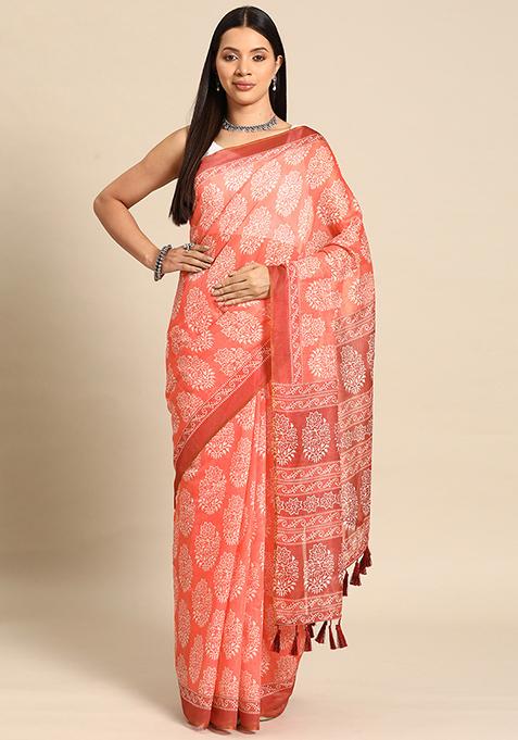 Peach Organic Dye Cotton Blend Saree Set