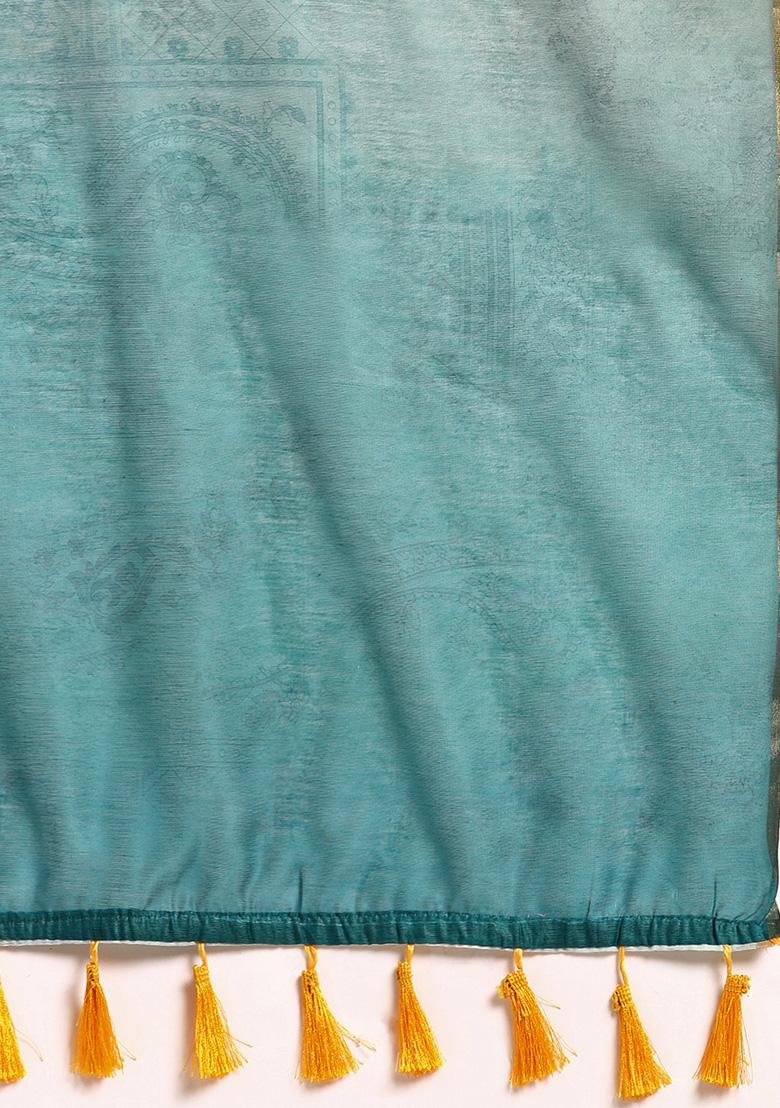 Sea Green Floral Print Organza Saree Set