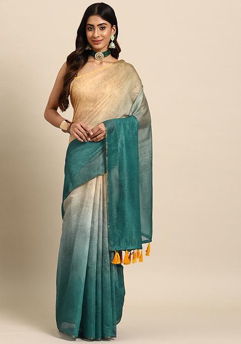 Sea Green Floral Print Organza Saree Set