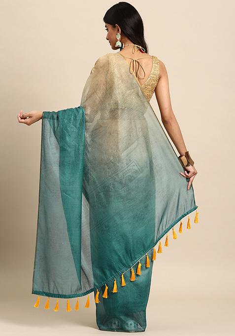 Sea Green Floral Print Organza Saree Set