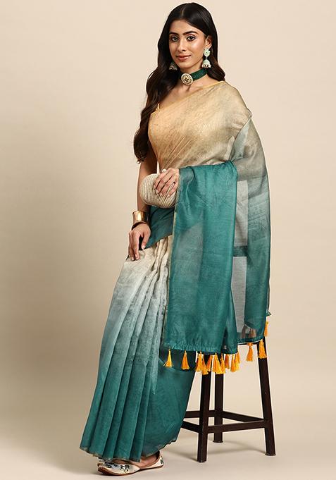 Sea Green Floral Print Organza Saree Set