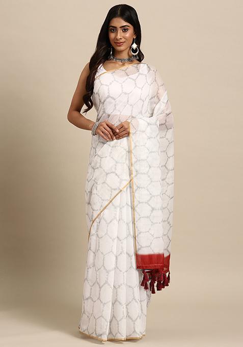 White Floral Digital Print Organza Saree Set