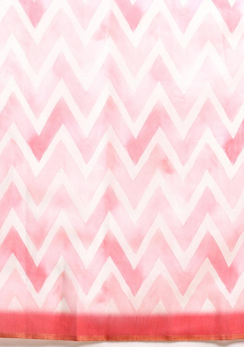 Baby Pink Floral Digital Print Organza Saree Set