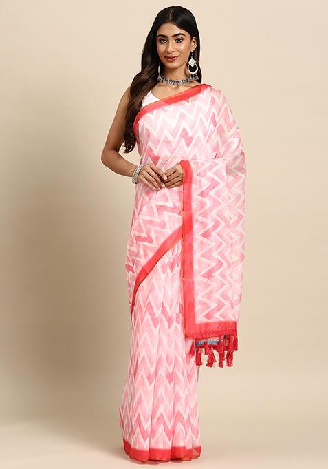 Baby Pink Floral Digital Print Organza Saree Set