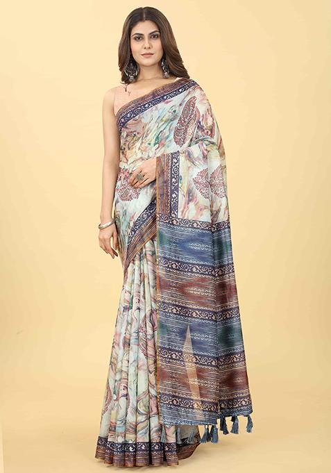 Multicolor Floral Digital Print Organza Saree Set