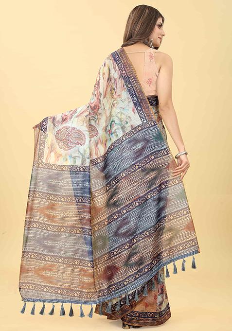 Multicolor Floral Digital Print Organza Saree Set