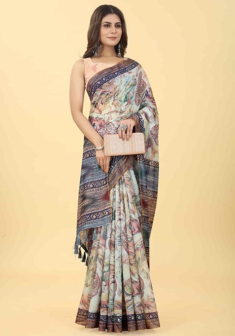 Multicolor Floral Digital Print Organza Saree Set