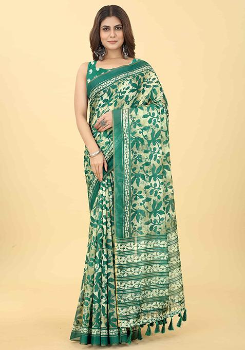 Green Floral Digital Print Organza Saree Set