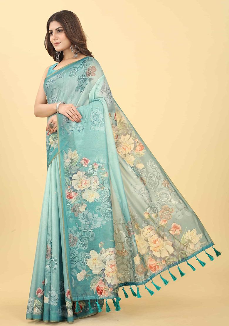 Sky Blue Floral Digital Print Organza Saree Set