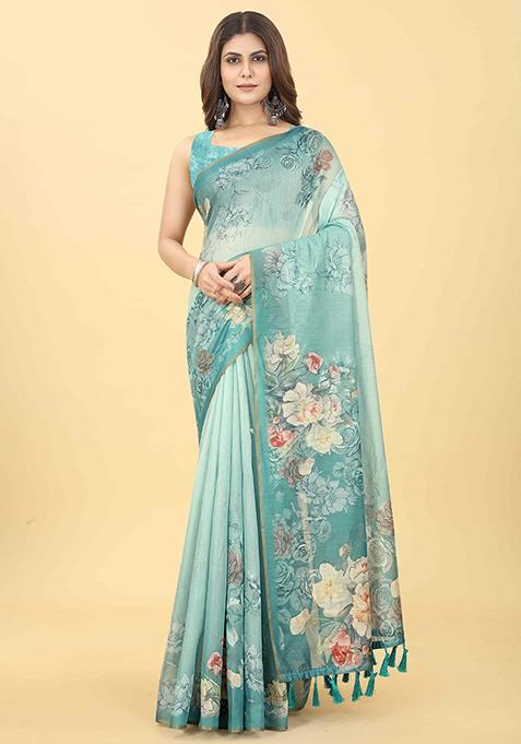 Sky Blue Floral Digital Print Organza Saree Set