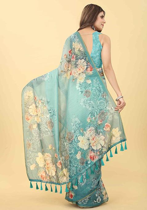Sky Blue Floral Digital Print Organza Saree Set