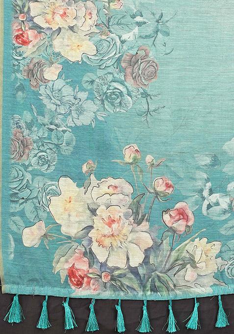 Sky Blue Floral Digital Print Organza Saree Set
