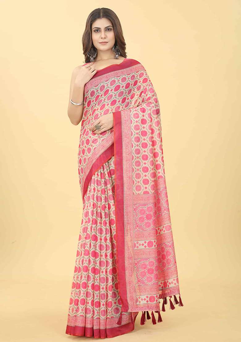 Light Pink Floral Digital Print Organza Saree Set - Indya