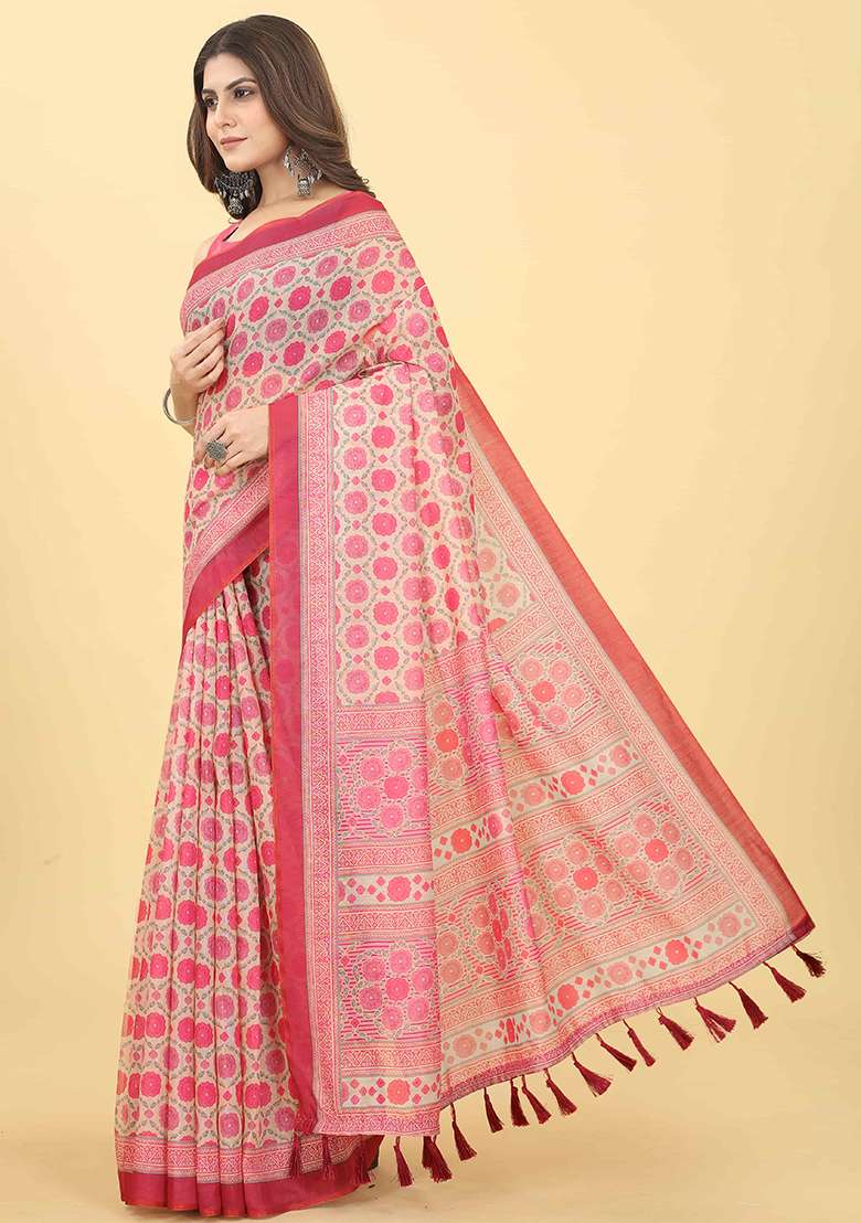 Light Pink Floral Digital Print Organza Saree Set - Indya
