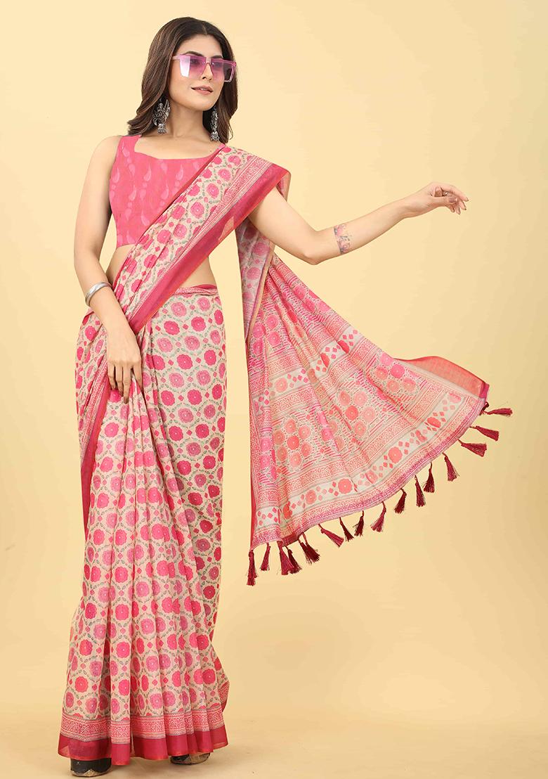 Light Pink Floral Digital Print Organza Saree Set