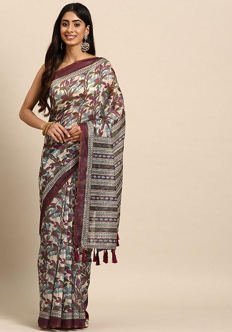 Multicolour Floral Digital Print Organza Saree Set