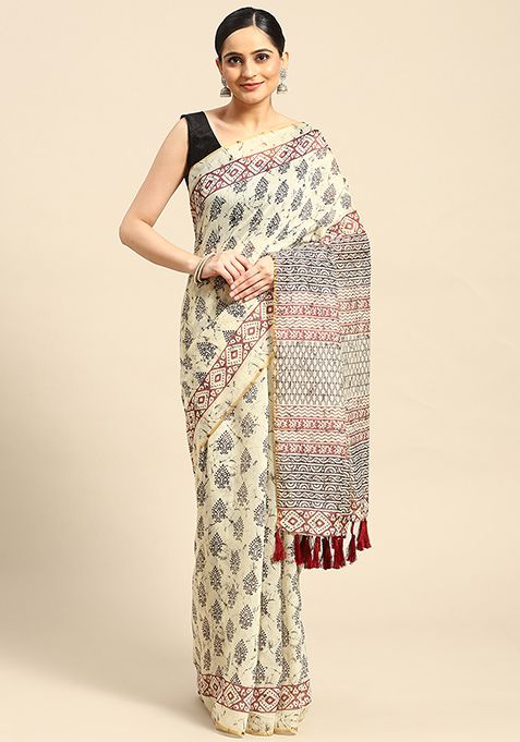 Cream Block Print Zari Embroidered Cotton Blend Saree Set