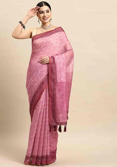 Pink Block Print Zari Embroidered Cotton Blend Saree Set