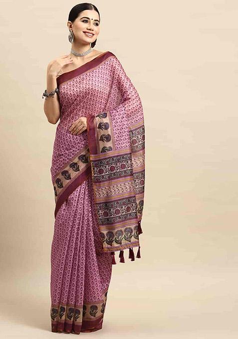 Mauve Block Print Zari Embroidered Cotton Blend Saree Set