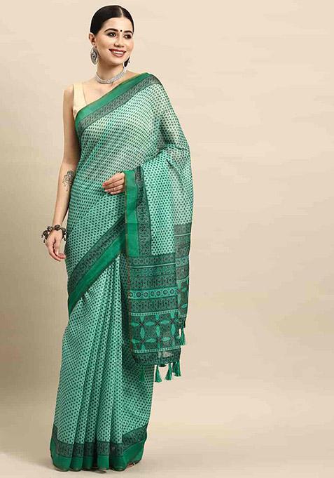 Turquoise Block Print Zari Embroidered Cotton Blend Saree Set