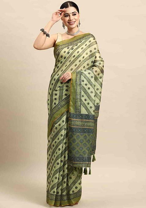 Maroon Block Print Zari Embroidered Cotton Blend Saree Set