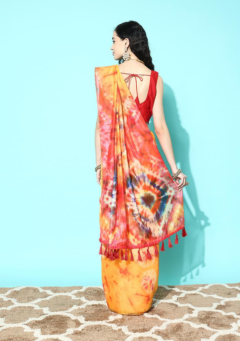 Mustard Tie Dye Print Organza Saree Set