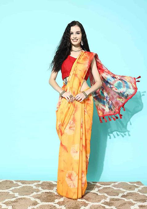 Mustard Tie Dye Print Organza Saree Set